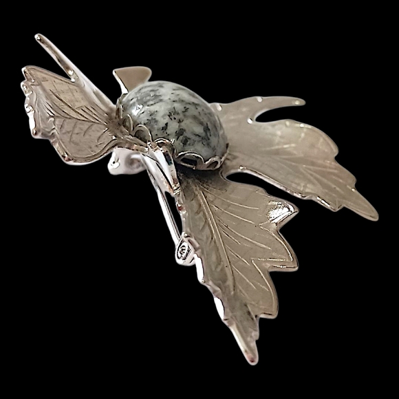 Vintage Maple Leaf Brooch Pin Jasper Cabochon Silver Tone Autumn Harvest‎ Fall - Picture 3 of 15